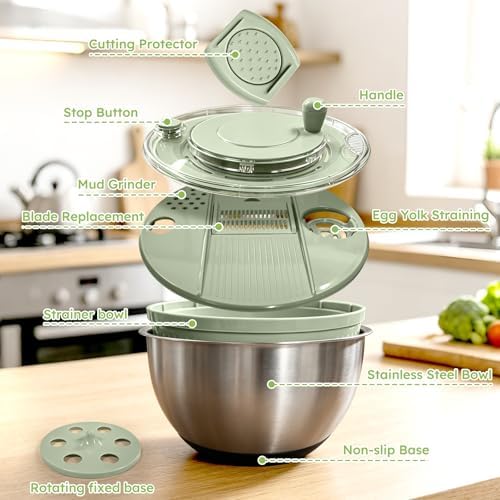 Stainless Steel Salad Spinner Large with 5 Blades Slicer, Vegetable Dryer, Non-Slip Base, Stop Button, Vegetable Fruits Chopper Bowl 5L Capacity with Egg Yolk Strainer