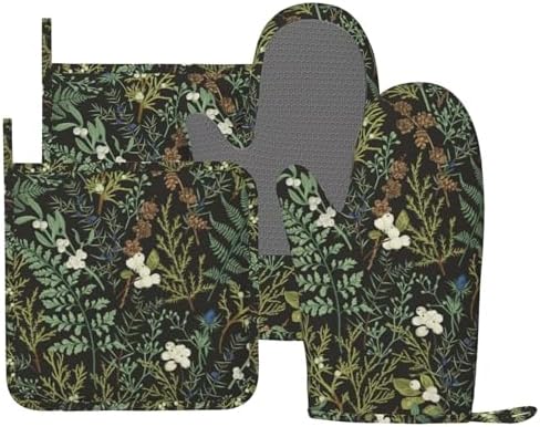 Botanical Print Oven Mitts and Pot Holders, Set of 4