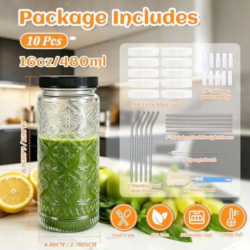 STARSIDE 10 Pack 16oz Glass Juice Bottles with Lids and Straws