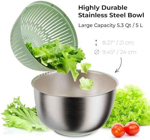 Large Stainless Steel Salad Spinner 5.3QT, Lettuce Dryer, Vegetable Washer with Brake Button, Non-Slip Base, Salad Dryer for Greens, Fruits & Vegetables