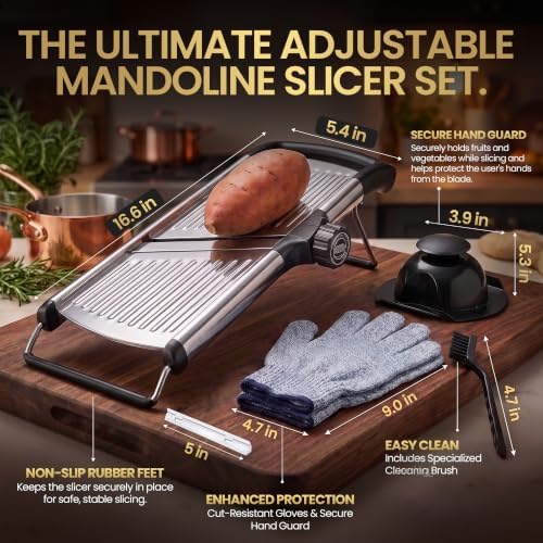 SAFI Adjustable Mandoline Slicer for Kitchen Mandoline & Vegetable Slicer Potato Slicer Fruit Slicer & Onion Cutter With Stainless Steel Blades Safety Hand Guard & Cut-Resistant Gloves Kitchen Gadgets