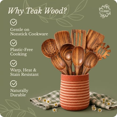 ELIBRE 9-Piece Teak Wood Kitchen Utensil Set