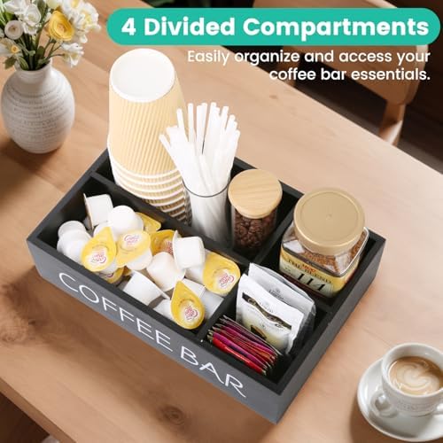 Coffee Bar Organizer, Wooden Coffee Station with 4 Compartments