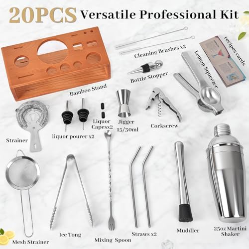 Vabaso 20PCS Bartender Kit with Stand, Cocktail Shaker Set for Home