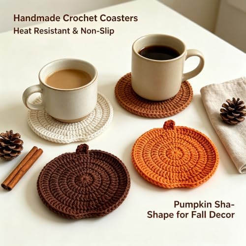 Fall Crochet Coasters Set of 4, Handmade Cute Coasters Absorbent