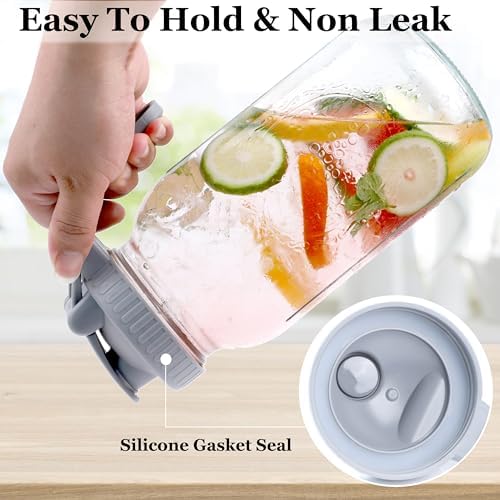 Mason Jar Pitcher Wide Mouth 64 OZ Glass Jars With Pour Spout Lids