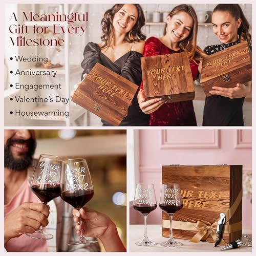 Custom Couples Wine Glasses Set Of 2, Engraved Your Text, Wood Box