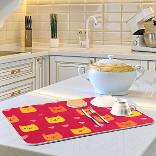 OTVEE Red Cat Art Dish Drying Mat for Kitchen Counter Absorbent Heat