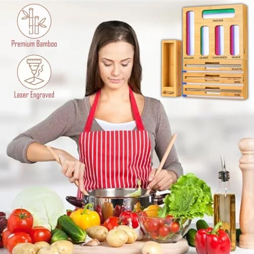 9-in-1 Bamboo Storage Bag Organizer with Cutter, Kitchen Drawer & Wall