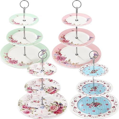 Dandat 4 Pcs 3 Tier Tea Party Cake Stand Floral Ceramic Cupcake