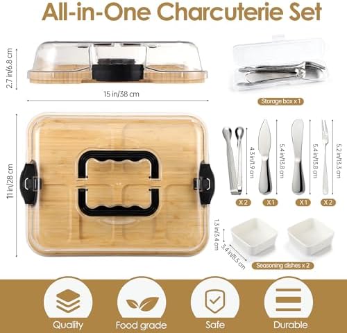 Kochorie 10 Pieces Portable Bamboo Cheese Board Set Charcuterie Board with Lid and Handle, Knife Set Meat Fruit Serving Tray Platter for Travel Picnic Kitchen House Warming Gifts (Rectangular)