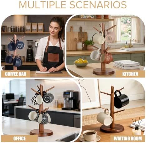 Coffee Mug Tree 6-Hook,Acacia Wood Mug Holder Countertop