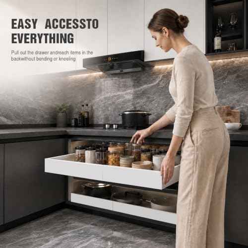 Seinloes 4 Pack Expandable Pull Out Cabinet Organizer 21"Deep With Raising Pad for Framed Cabinets,Upgrade 3 Slide Rails Slide Out Drawers,No Drill Roll Out Shelves,Adjustable Width 12.1"-20.4" White