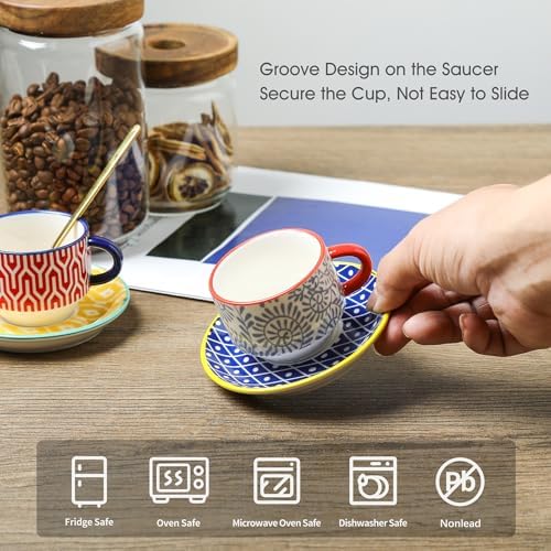 Selamica Ceramic Cappuccino Cups with Saucers and Metal Stand, 8 OZ