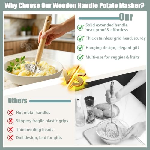 Potato Masher, 9in Wood Handle Stainless Steel Grid Masher Tool