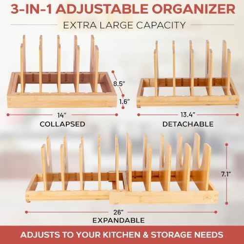 Pot and Pan Organizer for Under Cabinet – Bamboo Pot Lid Organizer for Cabinet with Magnetic Lock, Expandable 2-in-1, Adjustable Dividers, Non-Slip Base for Cutting Boards, Cookie Sheets, Bakeware