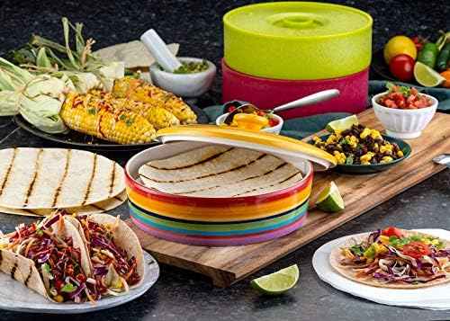 Kook Ceramic Tortilla Warmer, Hand Painted, with Lid, Rainbow Fiesta