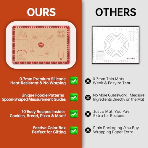 Silicone Baking Mat with 10 Recipes, Extra Thick Silicone Mats for