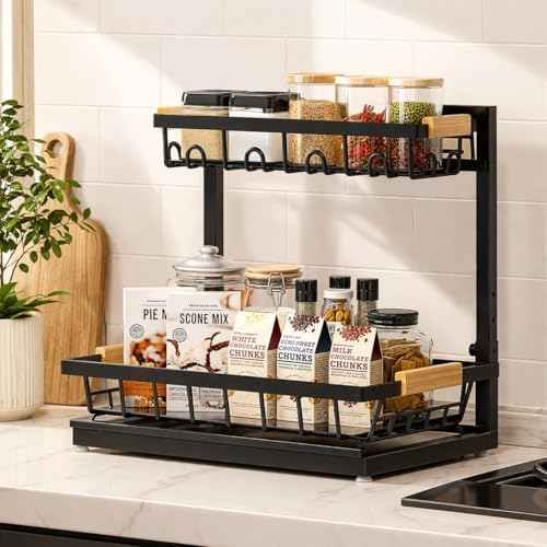 L-Shaped Adjustable 2-Tier Under Sink Organizer – Sliding Metal Storage Shelf for Kitchen & Bathroom Cabinets (Black)