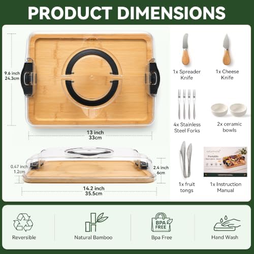 Bamboo Charcuterie Board with Lid, Portable 1-Compartment Tray