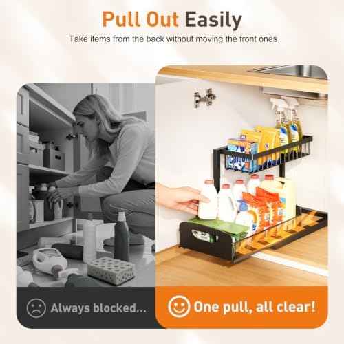 Under Kitchen Sink Organizer, Metal Pull Out Bathroom Organizers and Storage, 2-Tier Cabinet Organizer Shelf with Sliding Drawer, Home Organization for Kitchen, Laundry, Pantry, Black, 2 Pack
