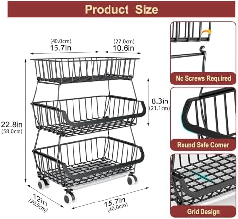 3-Tier Rolling Pantry Cart with Wheels, Stackable Wire Storage Floor Organizer for Kitchen Pantry Snack Shelves, Fruit Basket Stand, Vegetable Storage Rack for Food Snacks Onion Potato