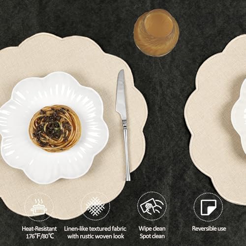 AHHFSMEI Round Scalloped Placemats Set of 4 15 Inch Faux Linen