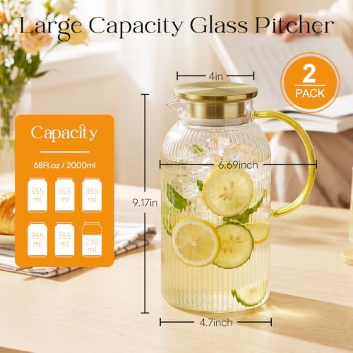 68 oz Glass Pitcher with Lid, Water Pitcher for Tea, Juice, Drink