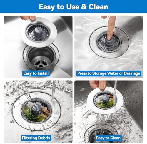 3-in-1 Kitchen Sink Drain Strainer, Stainless Steel Pop Up Kitchen