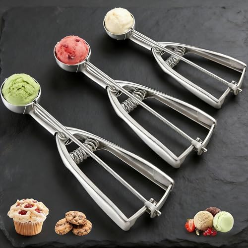3 Piece Stainless Steel Cookie Scoop Set, Large Medium Small Ice Cream