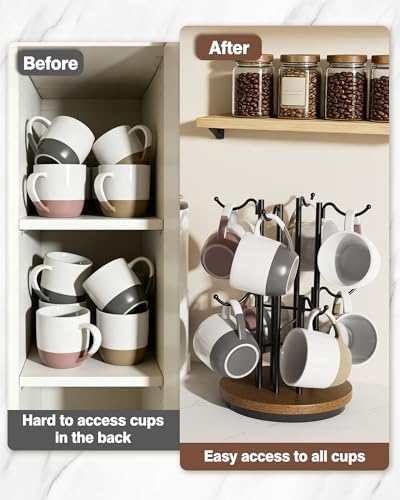 8-Hook 360° Rotating Large Coffee Mug Tree for Counter, Wood Base