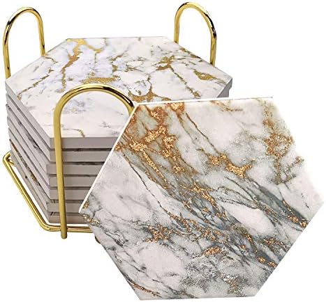 Coasters Set of 8 with Metal Holder Stand, Marble Design Ceramic