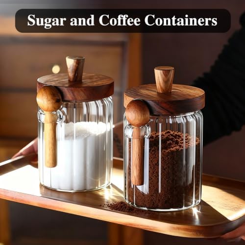 TIWPAJS Coffee Grounds Canister with Wooden Spoon and Lid, Ribbed