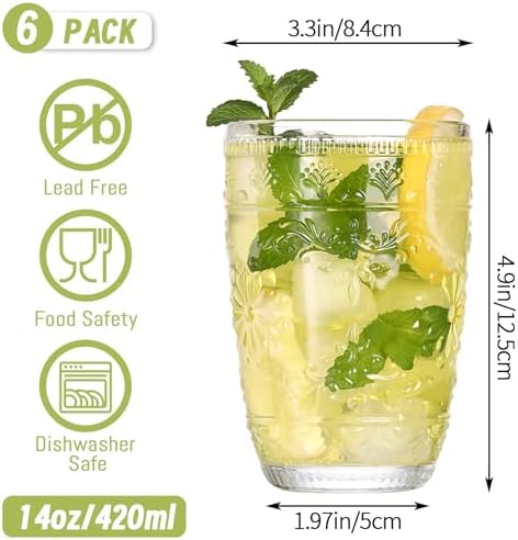 abrwyy Clear Glasses Drinking Set, 14oz Water Glasses, Vintage