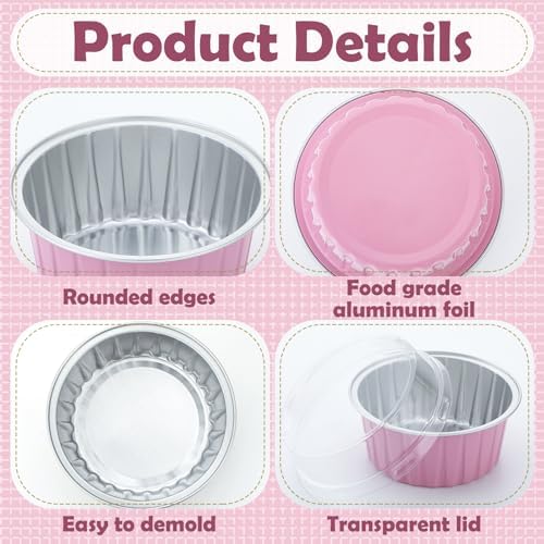 Hushee 300 Set Aluminum Foil Baking Cups with Lid Spoons, Round, Pink