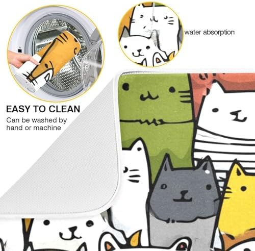 OTVEE Colorful Cat Art Dish Drying Mat for Kitchen Counter Absorbent