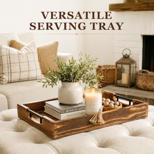 LotFancy Wood Serving Tray with Metal Handles, 17x13 Inch Tray for