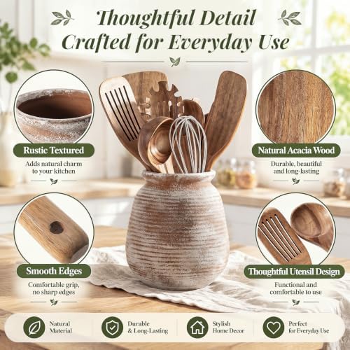 SiliFine 11 Pcs Cottage Kitchen Utensil Set with Ceramic Crock, All in