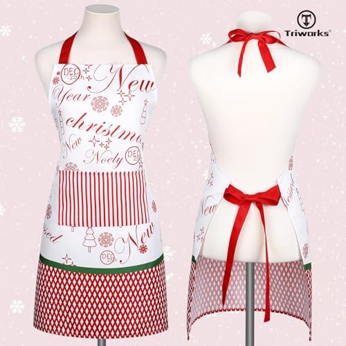 TRIWORKS Christmas Apron with Pocket Women Kitchen Apron for Cooking