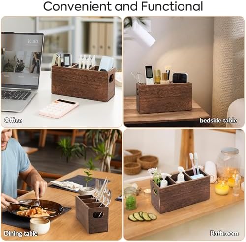 Wooden Utensil Holder Organizer for countertop, 3 Compartment Cutlery Caddy
