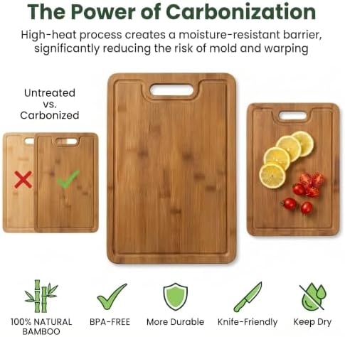 Bamboo Cutting Board Set with Holder, 3 Piece Carbonized Wood Chopping