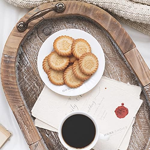 Modern Oval Wood Tray, Rustic Distressed Brown with Gold Handles