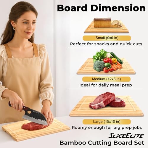 SliceElite Bamboo Cutting Board Set of 3 Wooden Cutting Boards for