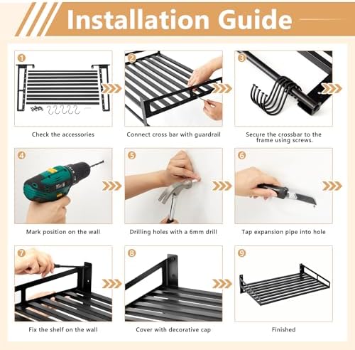 Microwave Wall Shelf, Carbon Steel Rack with Hooks for Kitchen