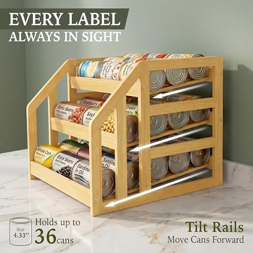 Bamboo Can Organizer for Pantry Cabinet, 3 Tier Tilt Rack Holds 36