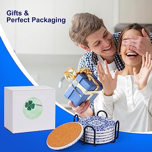 Ceramic Coasters for Drinks Absorbent - Metal Holder Set, Dry & Clean