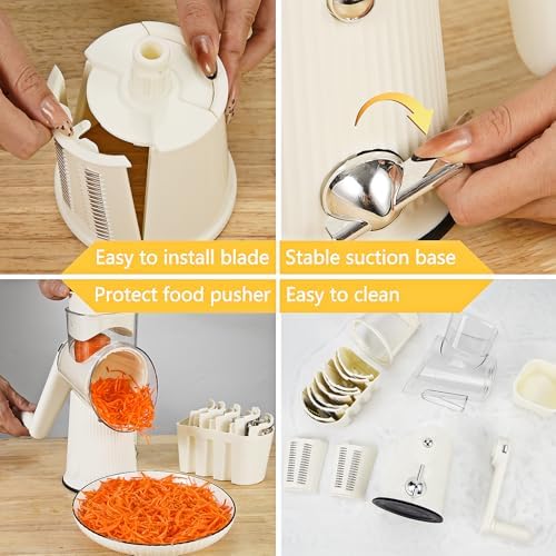 Rotary Cheese Grater with Handle, 5-in-1, White