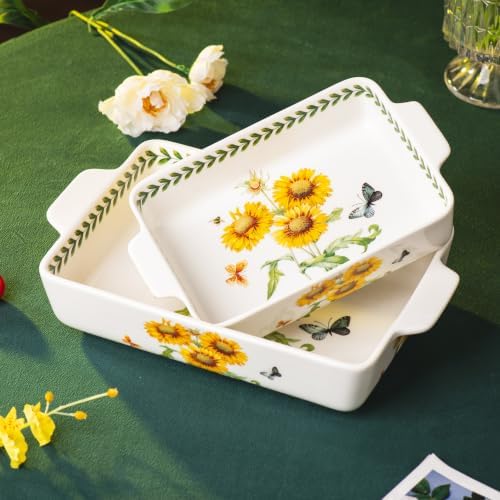 Ceramic Bakeware Set, Floral Pattern Casserole Dishes with Handles