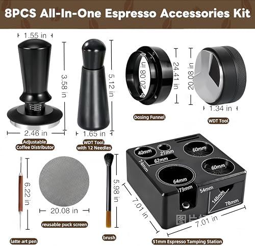 8 Pcs 51mm Espresso Accessories Kit, Tamping Station and Calibrated