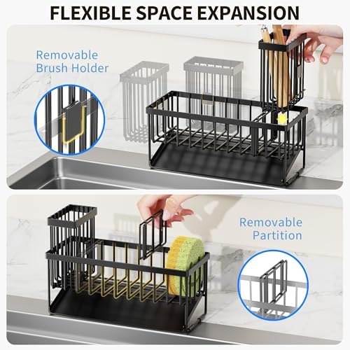 Cisily Kitchen Sink Caddy with Brush Holder, Stainless Steel